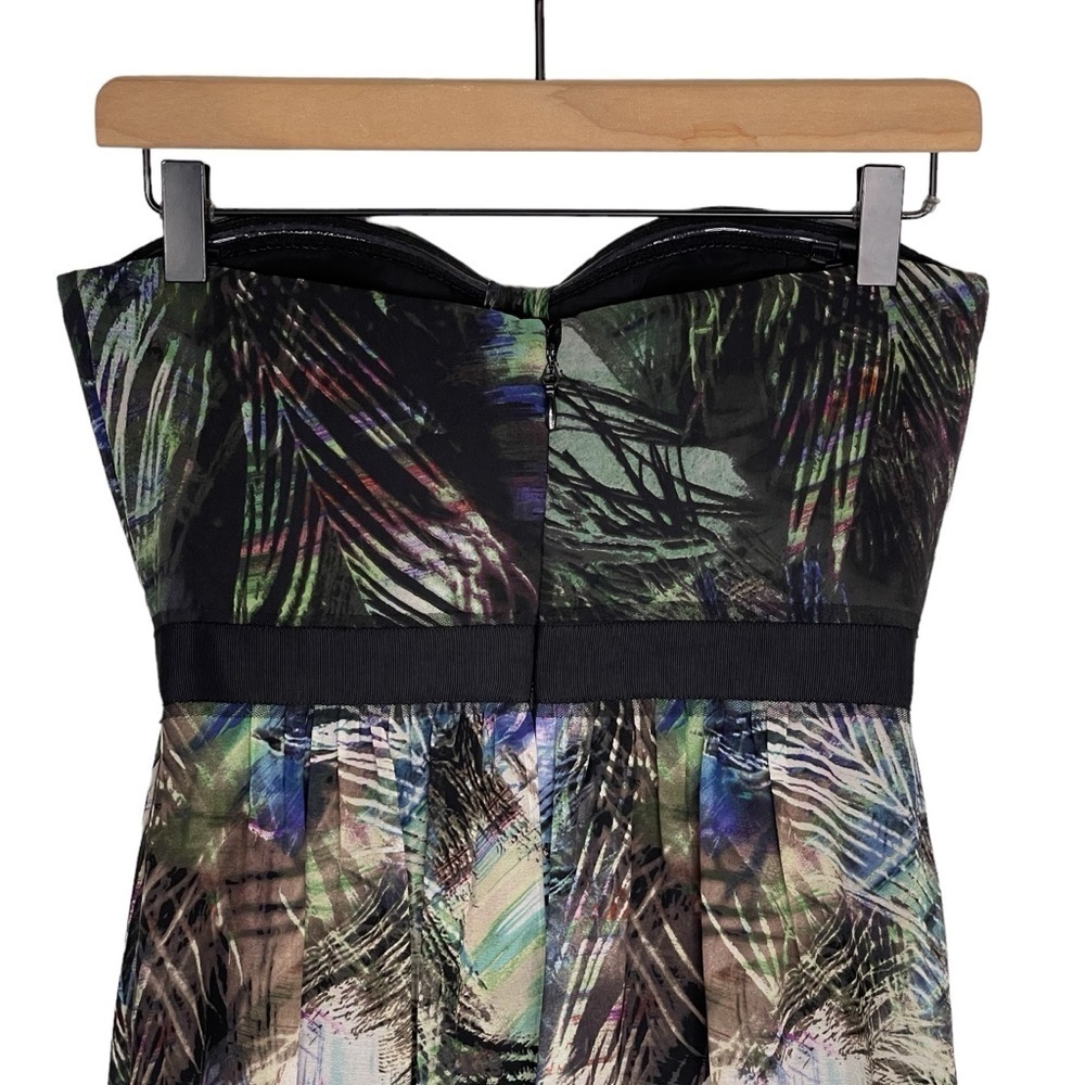 BCBGMaxazria Tae Strapless Silk Maxi Dress 2 Black Peacock Print Sweetheart Gown - Picture 5 of 10